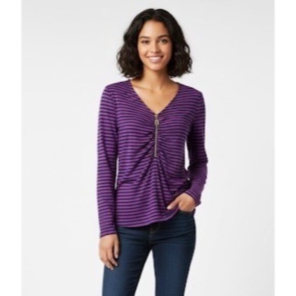 Michael Kors Tops - Michael Kors Purple & Black Striped V-Neck & Gold Logo Zip Accent Casual Top